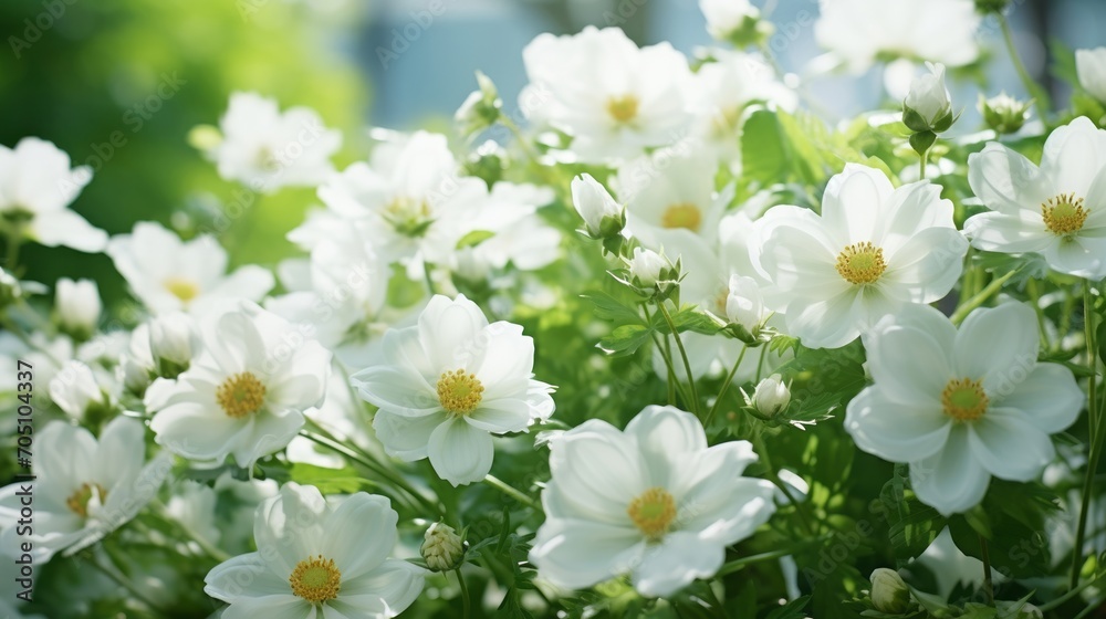 Elegant white flowers blooming in a garden, creating a serene monochrome scene Elegant white flowers blooming in a garden, creating a serene monochrome scene