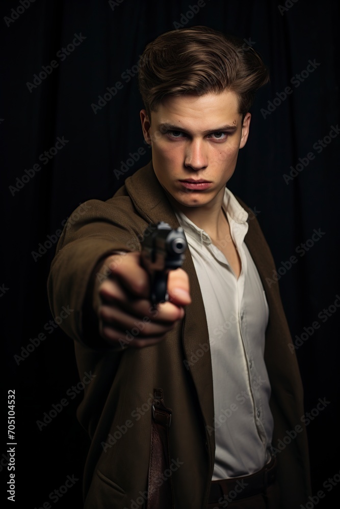 attractive man posing in front of the camera with a gun in his hand attractive man posing in front of the camera with a gun in his hand