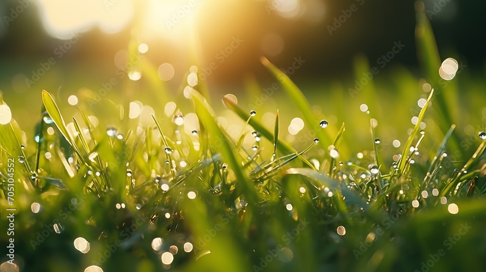 Fresh green grass sparkling with morning dew under the first rays of sunlight