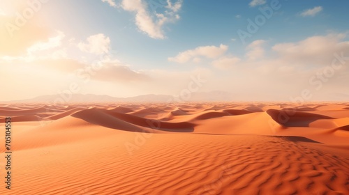 The vast expanse of a desert under a blazing sun  with endless dunes rippling into the horizon