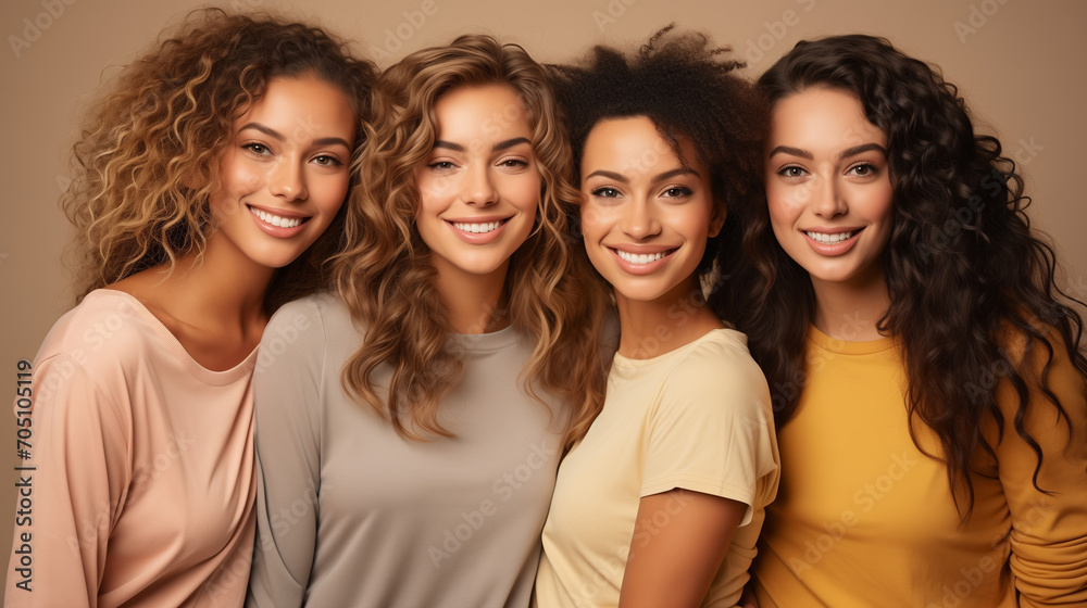group of people smiling, Happy multicultural girls, portrait, cuddling in their garments on a beige background. Grinning, a diverse group of four beauty faces models ladies group hugging each other group of people smiling, Happy multicultural girls, portrait, cuddling in their garments on a beige background. Grinning, a diverse group of four beauty faces models ladies group hugging each other
