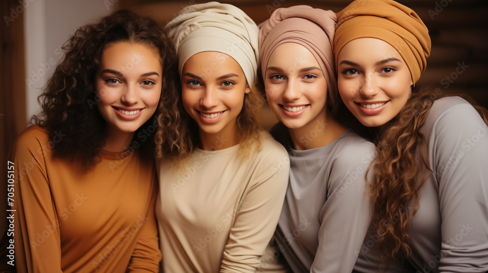 group of friends, Happy multicultural girls, portrait, cuddling in their garments on a beige background. Grinning, a diverse group of four beauty faces models ladies group hugging each other group of friends, Happy multicultural girls, portrait, cuddling in their garments on a beige background. Grinning, a diverse group of four beauty faces models ladies group hugging each other