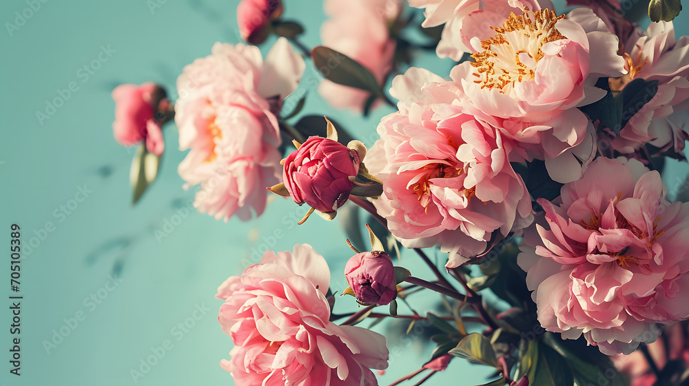 Vibrant Pink Peonies on Pastel Blue Background for Spring Wallpaper