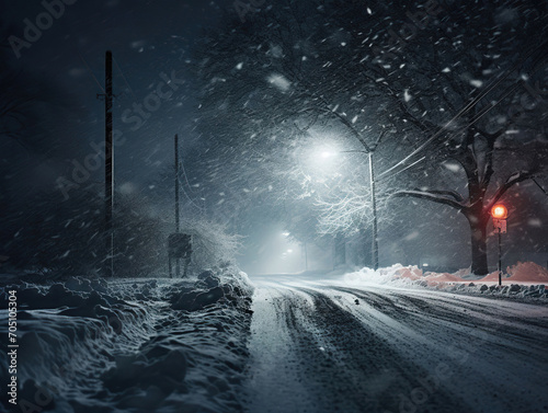 snow storm on the streets night photography, Generative AI