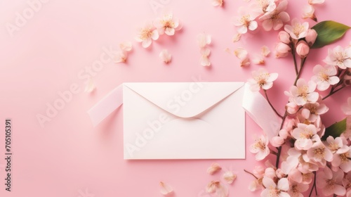 Romantic floral love letter: beautiful petal arrangement and blank envelope on pink background with ribbons, top view. Perfect for instagram, wedding invitations, mother's day, and greeting concept