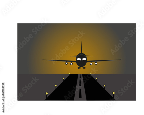 Silhouette d'un avion qui atterrit sur une piste avec des balises éclairées au soleil levant.