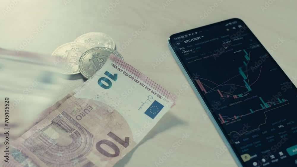 Bitcoin, BTC, euro, argent liquide, crypto monnaie, ETF, argent, trading, actif numérique, finance, devise,  banque, affaires, échange, gain, perte, chart, graphique, pièce, richesse, billet, ordinate