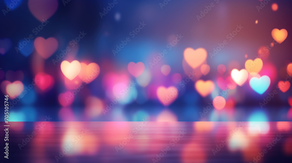 Vibrant neon background with soft heart shaped bokeh. St. Valentines backdrop with empty table or board on it. - obrazy, fototapety, plakaty 