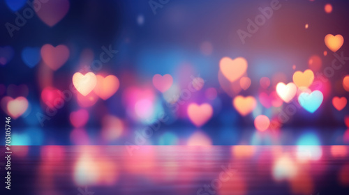 Vibrant neon background with soft heart shaped bokeh. St. Valentines backdrop with empty table or board on it. photo
