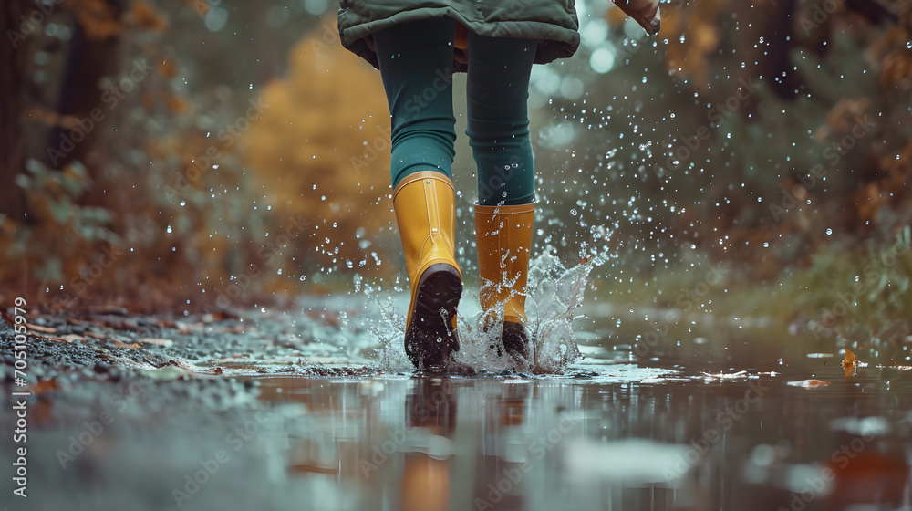 Fototapeta premium Person in Yellow Rubber Boots Splashing Through a Puddle