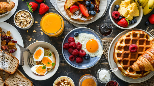 Healthy sunday breakfast with croissants, waffles, granola and sandwiches. Generative AI photo