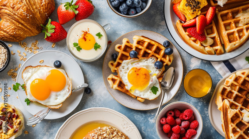 Healthy sunday breakfast with croissants, waffles, granola and sandwiches. Generative AI photo