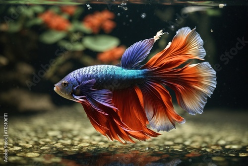  A stunning Betta fish with vibrant colors and a unique Half Moon tail, swimming gracefully in a crystal clear tank photo