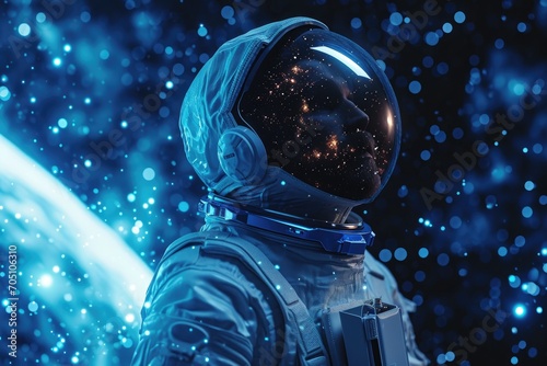 A man in a spacesuit, with a backdrop of the starry cosmos, depicting adventure and exploration. © furyon