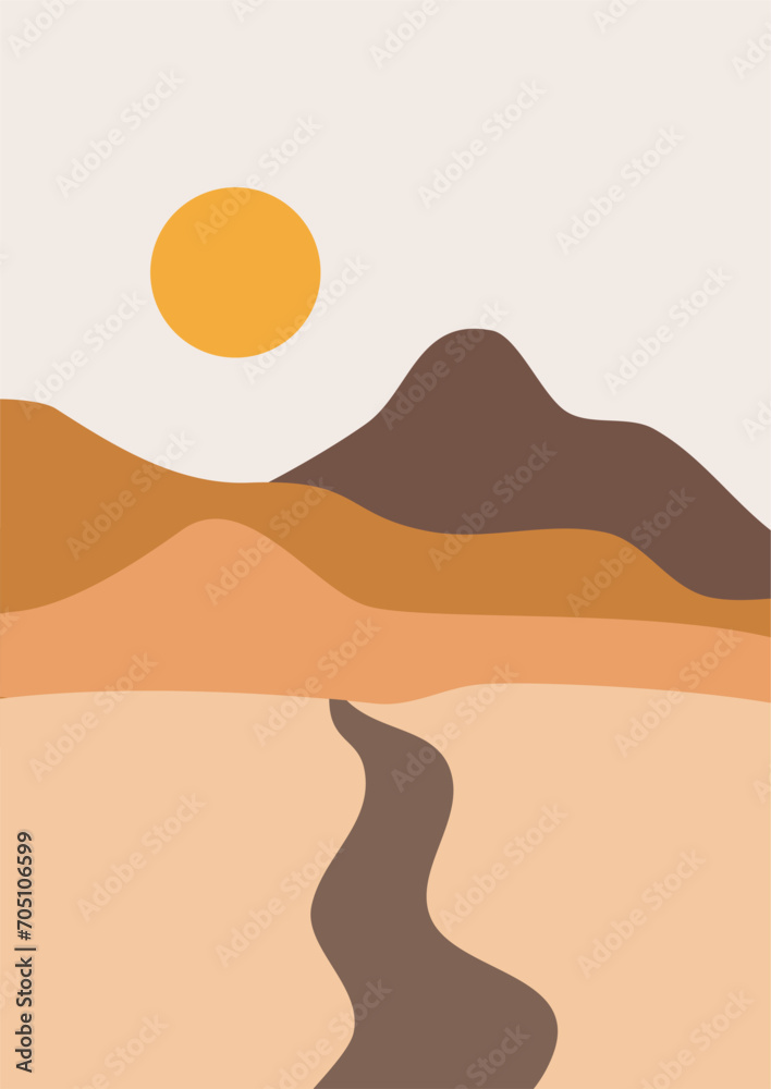 Abstract contemporary aesthetic backgrounds landscapes set with sunrise, sunset, night. Boho wall decor. Mid century modern minimalist art print. Flat design. Abstract mountain landscape background