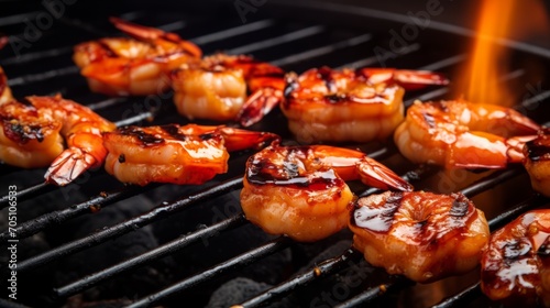 Skewers of marinated BBQ prawns on the grill, capturing the essence of BBQ