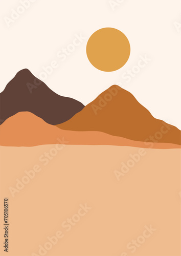 Abstract contemporary aesthetic backgrounds landscapes set with sunrise  sunset  night. Boho wall decor. Mid century modern minimalist art print. Flat design. Abstract mountain landscape background