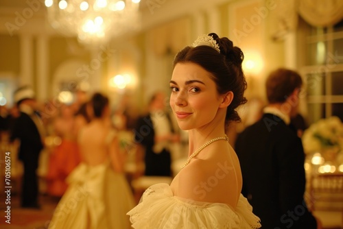 A Regency era debutante in an elegant ballroom photo