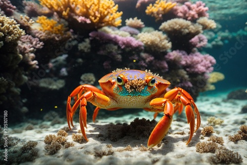 A vibrant and colorful underwater world, with a curious crab peeking out from behind a coral reef, basking in the warm rays of sunlight filtering through the water