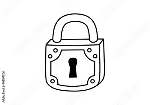 Hand drawn cute outline illustration of closed lock. Flat vector protection sticker in line art doodle style. Financial literacy or safety icon. Reliability and trust in banking. Security. Isolated.