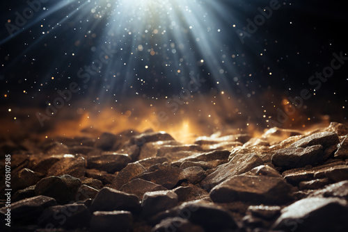 Abstract background with bright rays, bokeh light over the stones. Generated by artificial intelligence