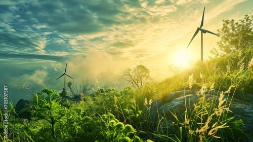 Windmills against the backdrop of mountains. Green renewable energy photo