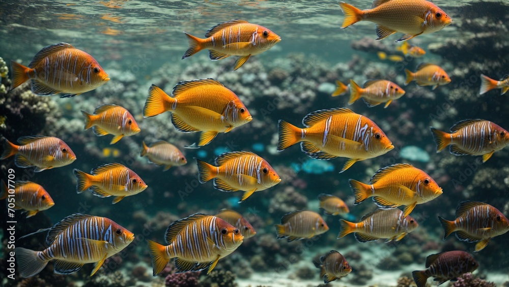 Fototapeta premium A vibrant collection of tropical fishes, each one unique in its colorful patterns and intricate details, swimming gracefully in a crystal-clear ocean