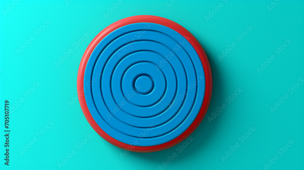 3D rendering of the image concentric circles in blue and red against a turquoise background, suggesting simplicity, precision and graphic design. The concept of a set goal. AI generated. 3D rendering of the image concentric circles in blue and red against a turquoise background, suggesting simplicity, precision and graphic design. The concept of a set goal. AI generated.