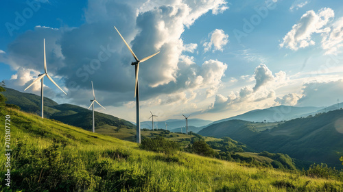 Windmills against the backdrop of mountains. Green renewable energy
