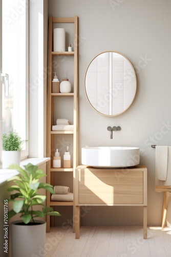 inspired bathroom with minimalistic stone grey tiles wooden furniture black fixtures and round mirror