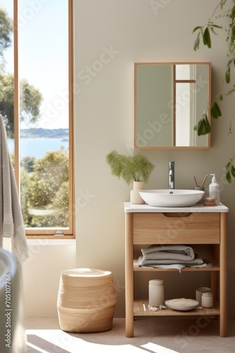 inspired bathroom with minimalistic stone grey tiles wooden furniture black fixtures and round mirror