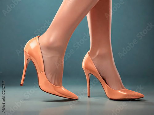Female legs in beige high heel shoes on a dark background. Peach fuzz color. photo