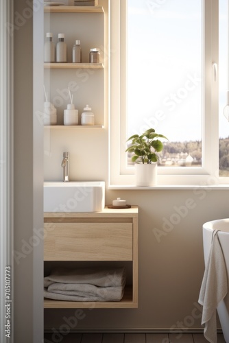 inspired bathroom with minimalistic stone grey tiles wooden furniture black fixtures and round mirror