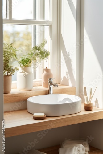 inspired bathroom with minimalistic stone grey tiles wooden furniture black fixtures and round mirror