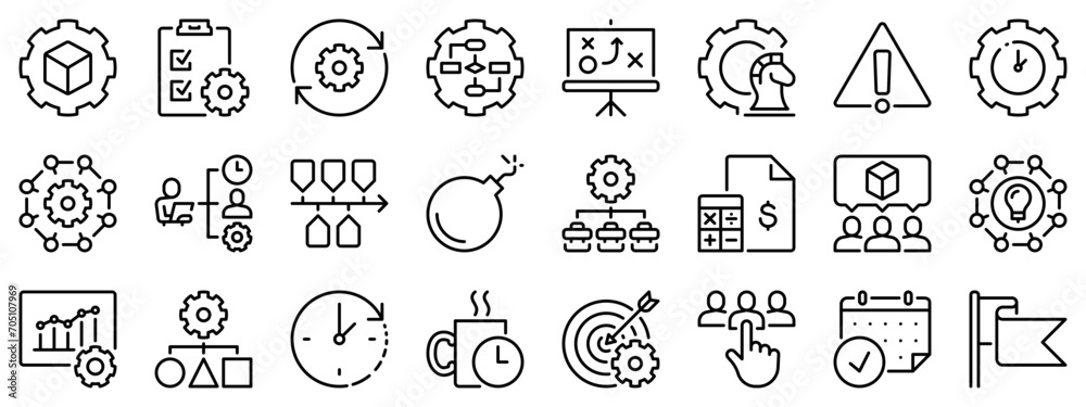 Icon set about project management. Line icons on transparent background with editable stroke.