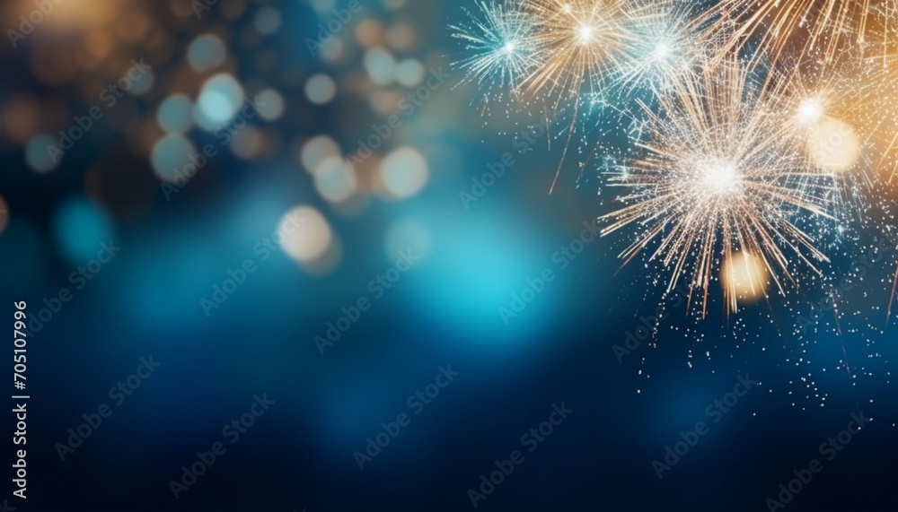 Gold and blue Fireworks and bokeh in New Year eve and copy space. Abstract background holiday - obrazy, fototapety, plakaty 