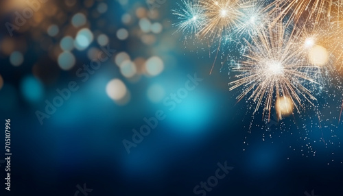Gold and blue Fireworks and bokeh in New Year eve and copy space. Abstract background holiday