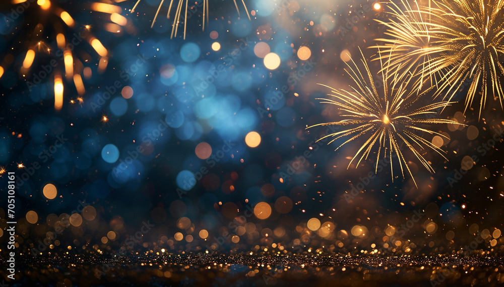 Fototapeta premium Gold and blue Fireworks and bokeh in New Year eve and copy space. Abstract background holiday