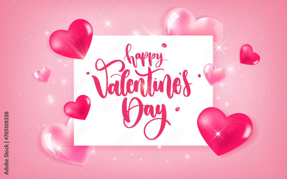 Valentine's day concept background. Vector illustration. 3d red and pink balloon hearts with white square frame. Cute love sale banner or greeting card