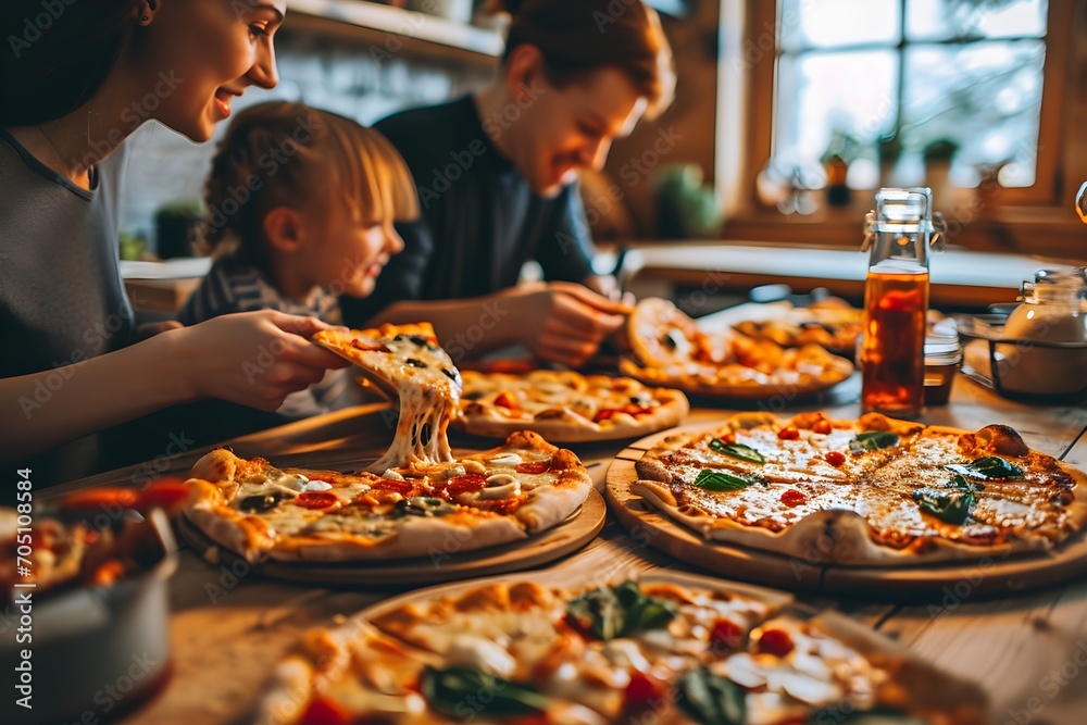 Family Enjoying Homemade Pizza During Cozy Evening Family Enjoying Homemade Pizza During Cozy Evening