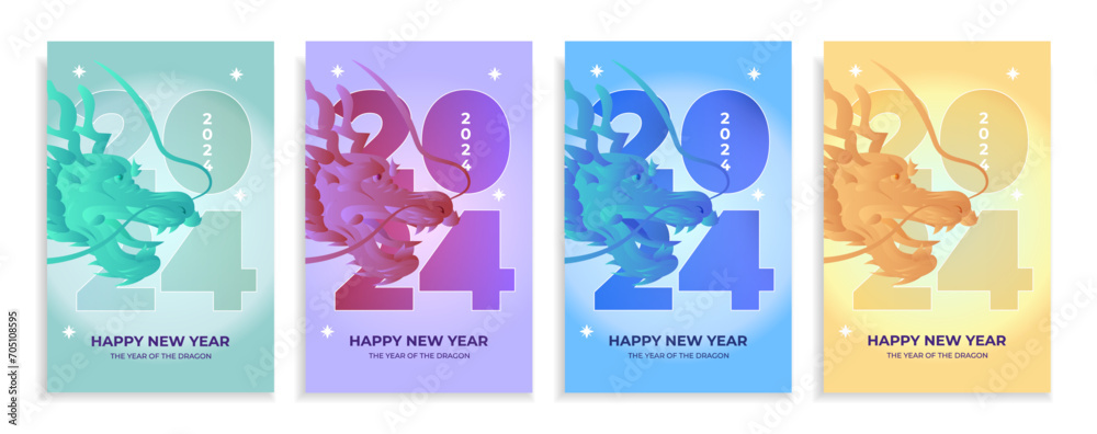 Set of Happy New Year 2024 greeting cards. Vector illustration concepts for poster graphic and web design, social media banner, marketing material.	