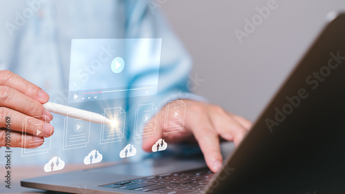 Online streaming concept, Online streaming audiences listen to live multimedia performances, movies, and broadcasts, accessing a cloud database for an immersive and dynamic entertainment experience.