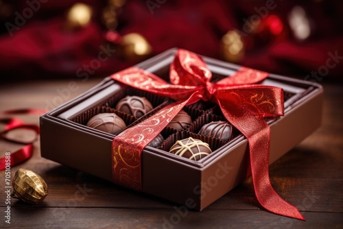 photograph of Chocolates and chocolate pralines in a gift box as a luxury holiday present, telephoto lens natural lighting --ar 3:2 --v 5.2 Job ID: 7629c9e0-b4c0-4ad5-a3d5-6273457a02e4 © ORG