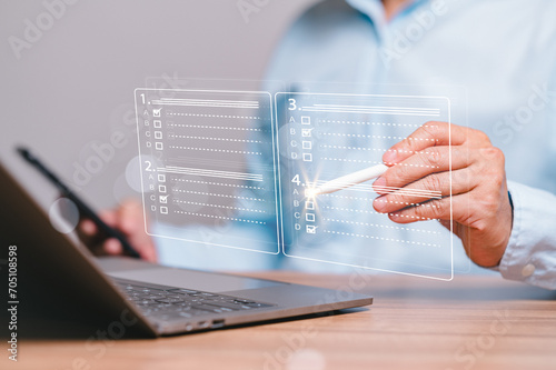 Document concept. Client efficiently completes an online business assessment, answering comprehensive checklist and survey, providing valuable data to form a detailed and insightful business report