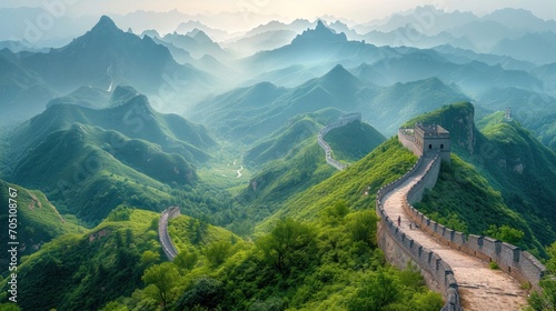 Create a panoramic view of the Great Wall of China,