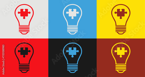 Colorful light bulb and puzzle piece icons set in 6 colors for vibrant designs, light bulb and puzzle piece Isolated on background