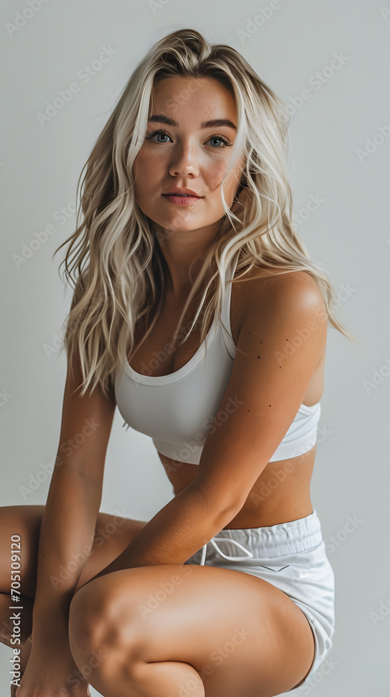 Fototapeta premium Blonde Model with Beach Waves in White Gym Clothes and Tennis Shoes on a White Background Generative AI