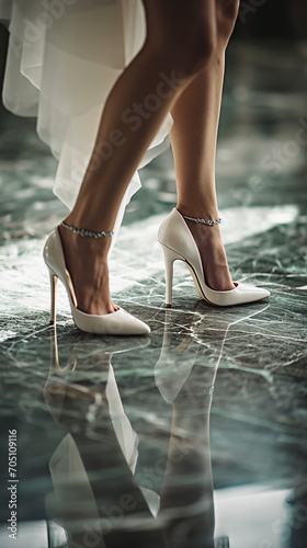 A close-up captures a bride wearing white bridal stiletto heels and diamond ankle bracelets, reflected on a smooth, polished marble floor