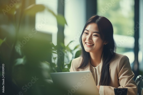 young asian woman working and talking in her office