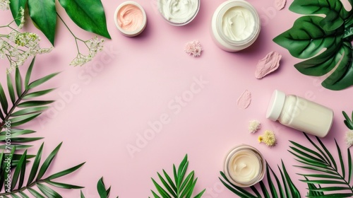 Natural cosmetic products at color background. colour in Peach Fuzz. Cream  mask  lotion